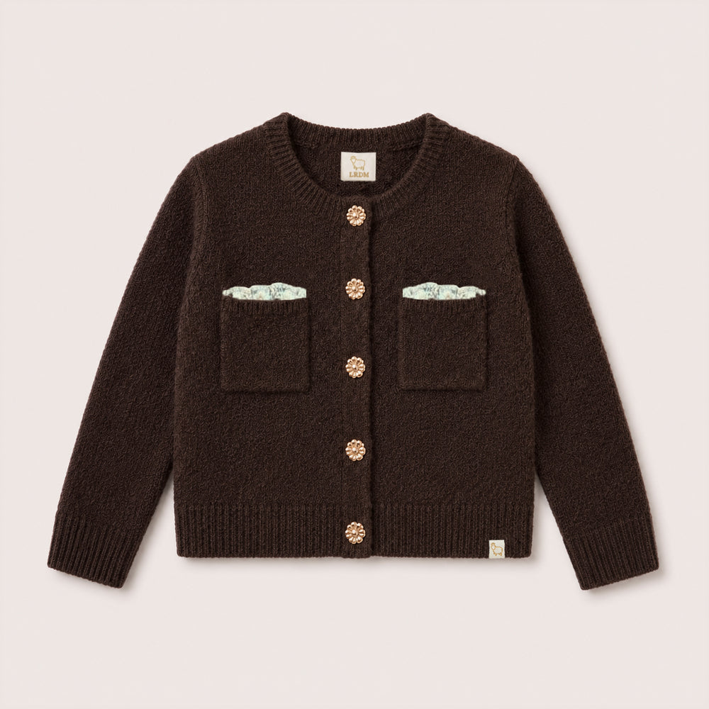 Charlie Knit Cardigan in Chocolate on a neutral background