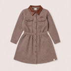 Isabella Dress in houndstooth with brown LRDM embroidery on a neutral background
